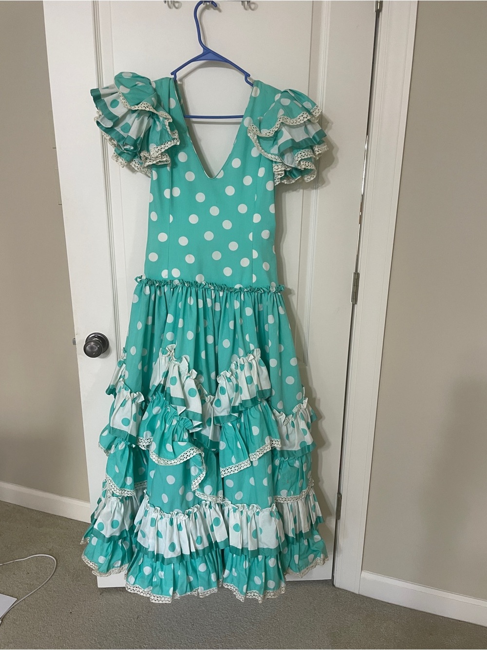 Turquoise Polka Dot Flamenco-Style Ruffle Dress